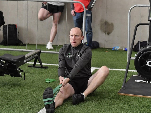 Competitor in the Warm-up area during the Maiden City Hyrox V Fitness Challenge held at Sean Dolans GAC on Saturday.  Photograph: George Sweeney
