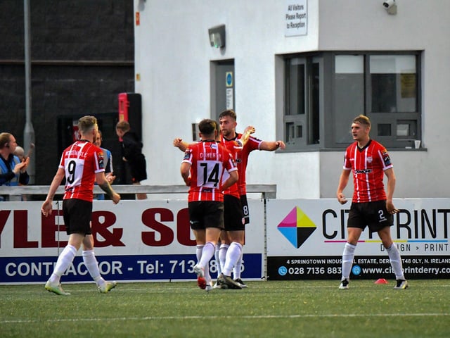 Derry City players celebrate Will Patching’s goal against KuPs FC. Photo: George Sweeney.DER2330GS -