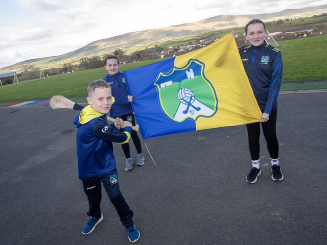 Another of the families from St. Aengus'' National School, Bridgend showing their support for the Beart GAC hurlers who will take on Lavey in the Ulster Junior Championship final at Celtic Park.