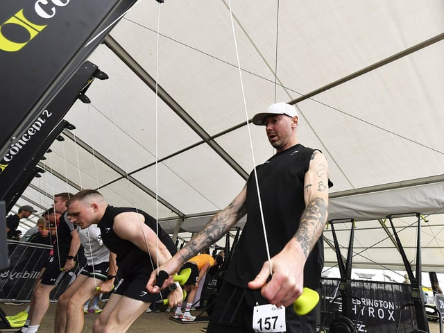 Competitors take part in the Ebrington Hyrox on Saturday morning. Photo: George Sweeney