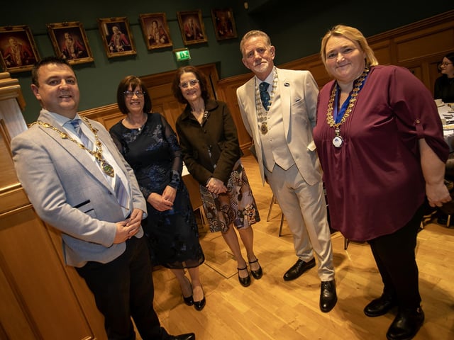 Derry Credit Union retirees, Joan Gallagher, CEO and Mary Crumley, Education and Training Officer, pictured with the Mayor, Ruairi McHugh at Tuesday evening's reception in their honour at the Guildhall. On right are Brendan Jenkins, President, Irish League of Credit Unions and Thelma Boggs, President, Derry Credit Union.