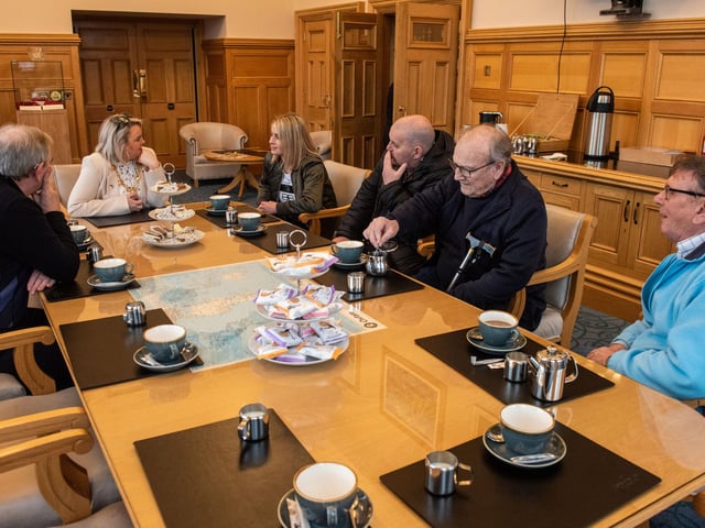 The Mayor Councillor Sandra Duffy welcomed members of Leafair Mens Health Group to the Guildhall this week for a catch up and to hear about the contribution the group makes to their lives. Included are, Derek Evans, Paul Redden, Eddie Coyle, John Bradley and Chantelle McCallion, co-ordinator. Picture Martin McKeown. 04.04.23