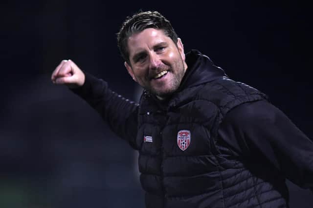 Derry manager Ruaidhri Higgins celebrates at full time after a 3-1 win over Dundalk at Oriel Park. Photograph by Ciaran Culligan