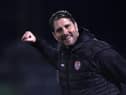 Derry manager Ruaidhri Higgins celebrates at full time after a 3-1 win over Dundalk at Oriel Park. Photograph by Ciaran Culligan