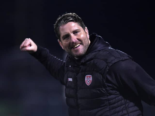 Derry manager Ruaidhri Higgins celebrates at full time after a 3-1 win over Dundalk at Oriel Park. Photograph by Ciaran Culligan