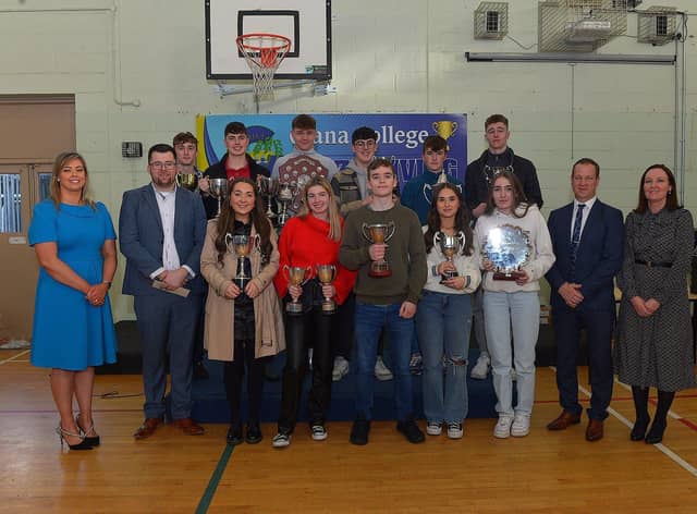 Students who achieved Best in Subjects awards, pictured at the annual Crana College Prize Giving on Friday afternoon last with Ms Clare Bradley (BOM), on the left, Mr Dean Harron, guest speaker, Mr Kevin Cooley principal and Ms Sinead Anderson deputy principal. Photo: George Sweeney DER2246GS - 99