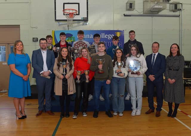Students who achieved Best in Subjects awards, pictured at the annual Crana College Prize Giving on Friday afternoon last with Ms Clare Bradley (BOM), on the left, Mr Dean Harron, guest speaker, Mr Kevin Cooley principal and Ms Sinead Anderson deputy principal. Photo: George Sweeney DER2246GS - 99