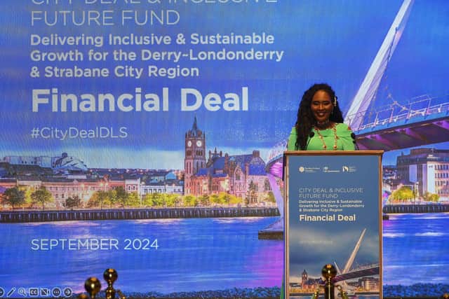 Mayor Lilian Seenoi Barr speaking at the Signing of the Financial Deal for Derry and Strabane region at the Guildhall on Wednesday morning. Photo: George Sweeney