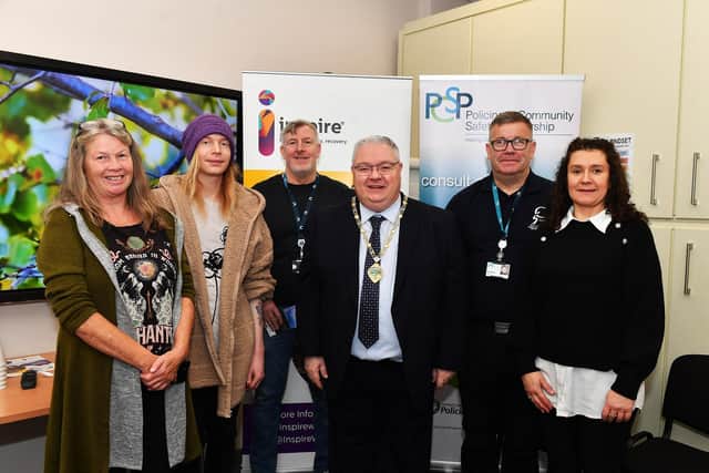 Group pictured at the Inspire for Wellbeing celebration of 35 years helping people with mental ill health, intellectual disability, autism and addictions in the Derry area. From left are, Judith Taylor, manager Inspire, Corey, Inspire, Keith English, PCSP, Deputy Mayor Darren Guy, Gary Dunn PCSP and Vivienne, Inspire.  Inspire are also celebrating 65 years of supporting people in Northern Ireland. Photo: George Sweeney