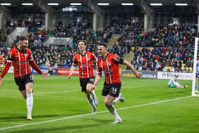 STATEMENT WIN: Ben Doherty, right, of Derry City celebrates after scoring the winner against Shamrock Rovers in Tallaght earlier in the season, with Ryan Graydon and Ollie O'Neil.