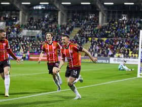 STATEMENT WIN: Ben Doherty, right, of Derry City celebrates after scoring the winner against Shamrock Rovers in Tallaght earlier in the season, with Ryan Graydon and Ollie O'Neil.