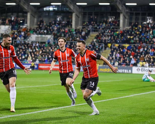 STATEMENT WIN: Ben Doherty, right, of Derry City celebrates after scoring the winner against Shamrock Rovers in Tallaght earlier in the season, with Ryan Graydon and Ollie O'Neil.