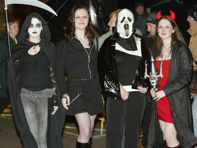 Laura, Geraldine, Catheine and Karen McIntyre are dressed to kill. (0311JB08):20 YEARS ON: Halloween celebrations in Derry in 2003