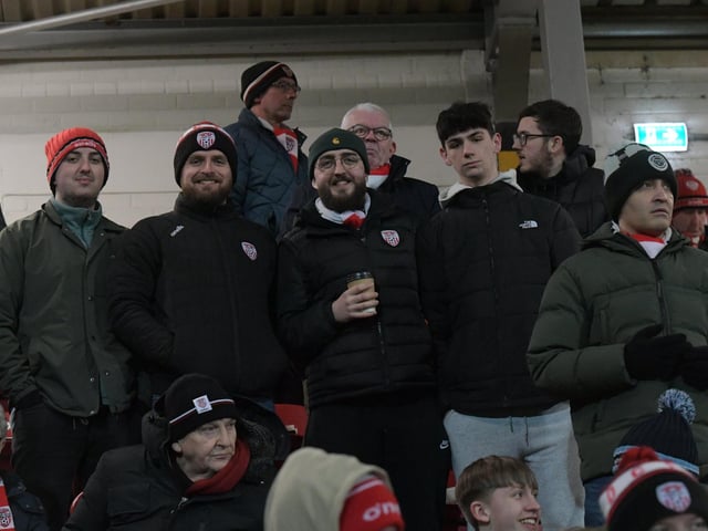 Candystripe fans at the Brandywell for Friday evening’s game. Photo: George Sweeney