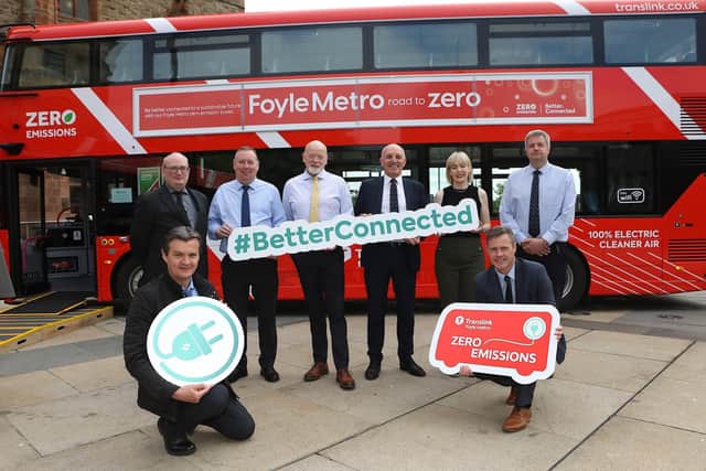 Translink staff pictured at Translink's Zero Emission Foyle Metro preview event held in Guildhall Square, Derry on Thursday May 25. (Photo - Tom Heaney, nwpresspics)