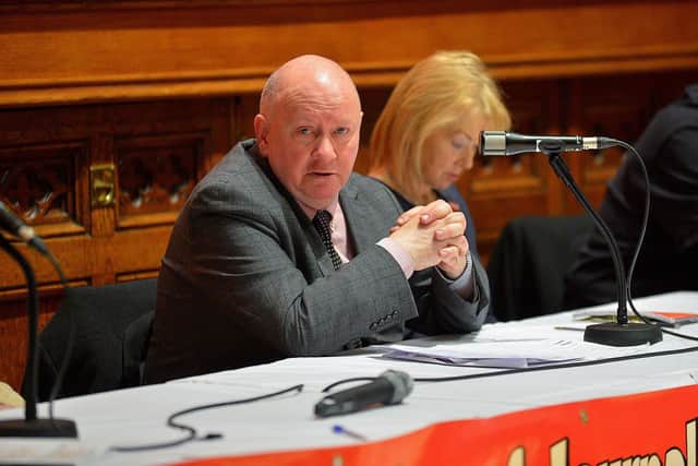 National Union of Journalists assistant general secretary Séamus Dooley speaking at a public meeting, held in the Guildhall on Wednesday evening, opposing planned cuts to jobs and services at BBC Radio Foyle. George Sweeney. DER2301GS – 18