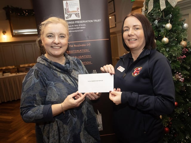 Lisa Bradley, Inner City Trust, pictured handing over a cheque to Christina McKeegan, Foyle Search and Rescue, at the Bishop's Gate Hotel, Derry on Thursday afternoon last. The event was part of the Inner City Trust's Annual Charity Giving. (Photos: Jim McCafferty Photography)