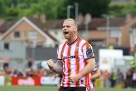 Mark Connolly celebrates his goal against Waterford in the first half at Brandywell. Photograph by Kevin Moore.