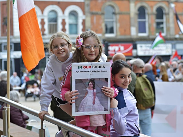 Young supporters take part in a Freedom for Palestine march and rally, in Guildhall Square on Saturday afternoon.  Photo: George Sweeney