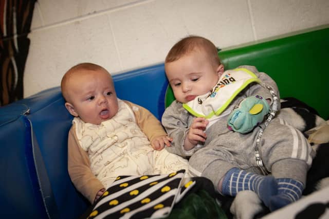 These two having a chat despite all the noise at the Féile '23 Big Night Out in Long Tower Youth Club on Friday night. Domnic Gillespie and Eohgna Óg Cavanagh. (Photos: JIm McCafferty Photography)