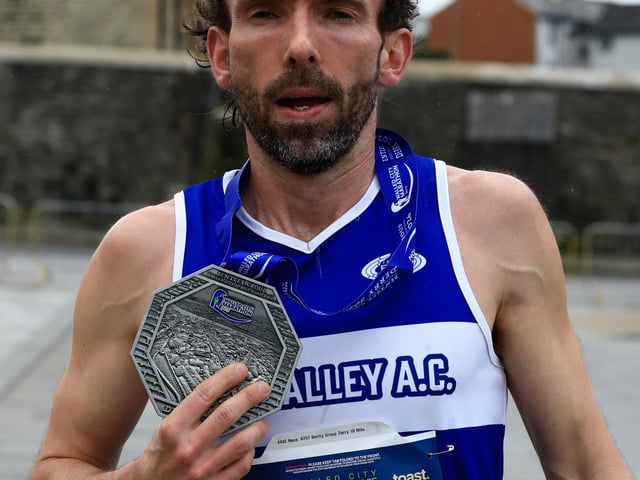 John Joe Doherty (Finn Valley AC) winner of the Bentley Group Walled City 10 Mile race, Ebrington Square, on Saturday. (Photo - Tom Heaney, nwpresspics)