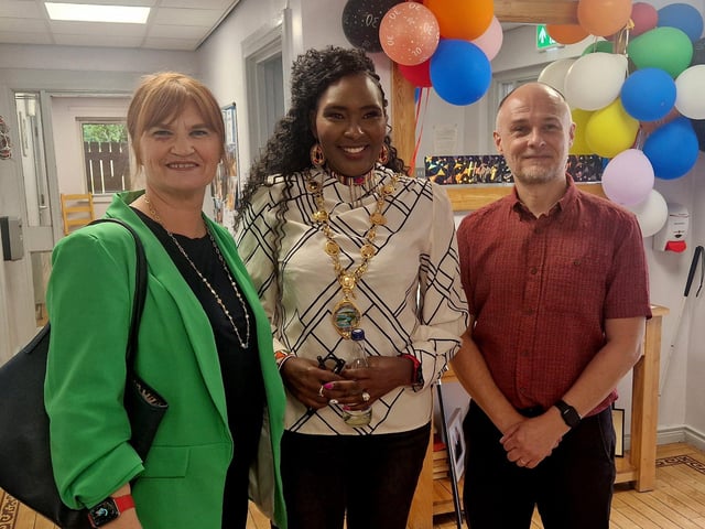 Pictured at Dunvale House's 30th anniversary celebrations L-R: Deirdre Walker, Apex's Director of Supported Living; Cllr Lilian Seenoi Barr, Mayor of Derry City & Strabane; and Kelvin Hegarty, Manager of Dunvale House.