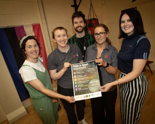 Group pictured at the 'Pride in Sport' Programme launch at Brooke Park Activity Centre on. Tuesday afternoon. From left, Meabh O'Neill, chair, Foyle Pride, Julie White, Old Library Trust, James Curry, guest speaker, Sabrina Lynch, Old Library Trust and Ciara McElhinney, Bogside and Brandywell Health Forum.