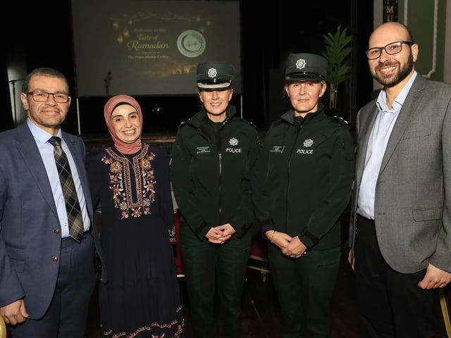 Dr. Sameh Sayed Ali Hasson PSNI Chief Superintendent Gillian Kearney, Chief Inspector Cherish Craig, and on left, Ahmed Ustzouk and Heba Ali at the “Taste of Ramadan” held in St. Columb’s Hall on Sunday. (Photo - Tom Heaney, nwpresspics)
