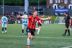 Derry City midfielder Brandon Kavanagh celebrates his stunning strike against Dundalk on Monday night. Photo by Kevin Moore.