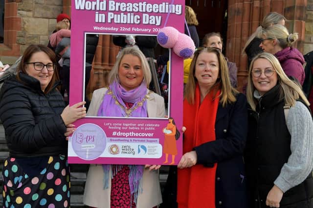 Mayor Sandra Duffy pictured with Noella Gormley, Dr Maria Herron and Sinead O'Kane from the North West BAPS project organisers of a recent gathering in Guildhall Square to mark World Best Feeding in Public Day. Photo: George Sweeney. DER2308GS- 80