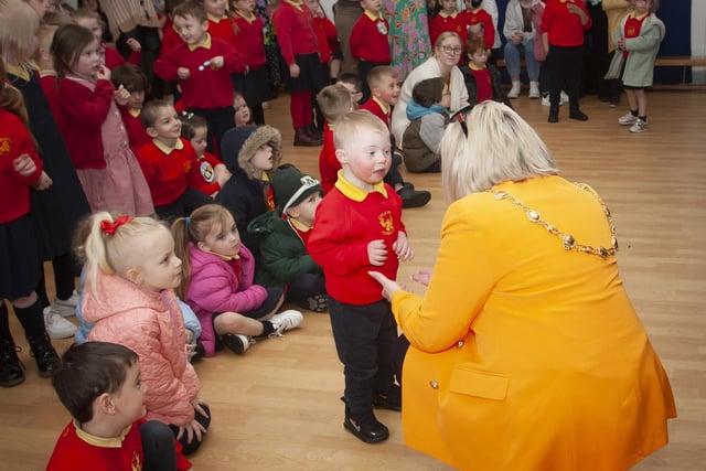 Young Jacob in conversation with Mayor Sandra Duffy on Thursday last at Steelstown PS.