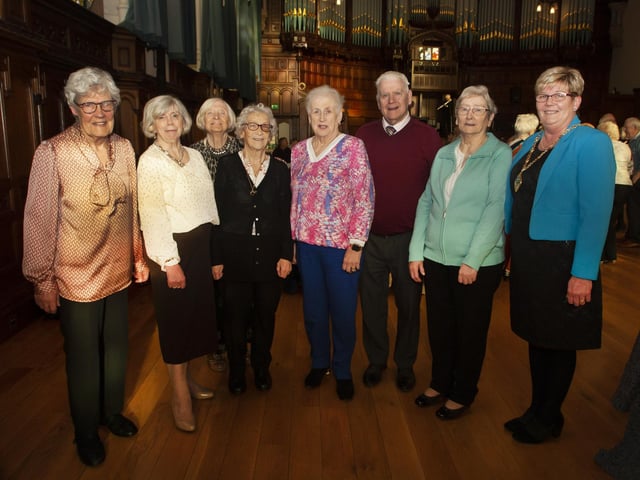 Group pictuerd at the Mayor’s Tea Dance in the Guildhall on Wednesday afternoon. Pictured with the Deputy Mayor, Angela Dobbins, are from left, Peggy Moore, Kathleen Kyle, Betty Gallagher, Anna Browne, Teresa and Robert Brolly.