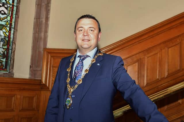 Sinn Fein Colr Ruairí McHugh, newly elected mayor of Derry and Strabane, in the Guildhall on Monday evening. Photo: George Sweeney