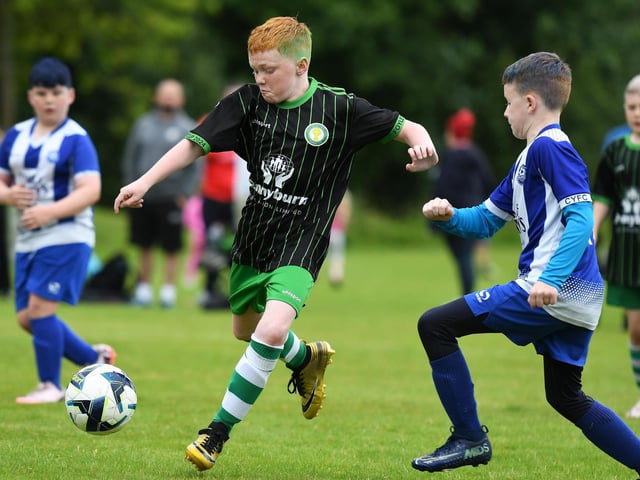 Top Of The Hill Celtic Colts under-10's player Mason Doherty lines up  shot at goal during their match against Culmore Colts. (Photo: Keith Moore)