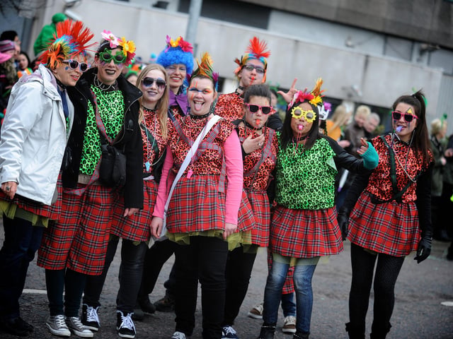 The Foyle Language school pupils show off their punk rocker outfits to the people of Derry. (1803SL63) Photo: Stephen Latimer