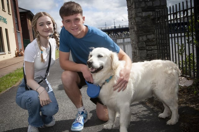 Kyle McCloskey and Christina McKeever with ‘Charlie’ before Saturday’s walk.