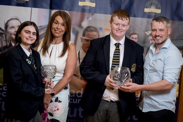 Year 11 Pupil of the Year, Paddy Doherty & Year 12 Pupil of the Year, Fianaid Neill. Also pictured Mrs Siobhan McCauley (Principal) & Mr Conor Mc Kinney (Guest Speaker).