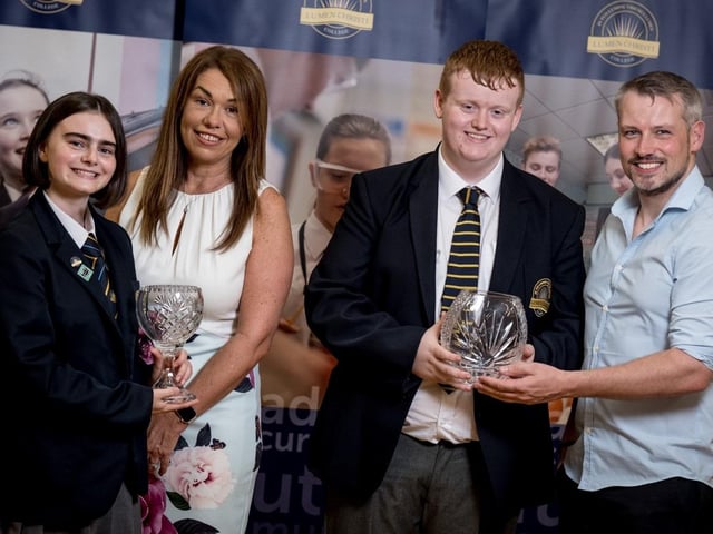 Year 11 Pupil of the Year, Paddy Doherty & Year 12 Pupil of the Year, Fianaid Neill. Also pictured Mrs Siobhan McCauley (Principal) & Mr Conor Mc Kinney (Guest Speaker).