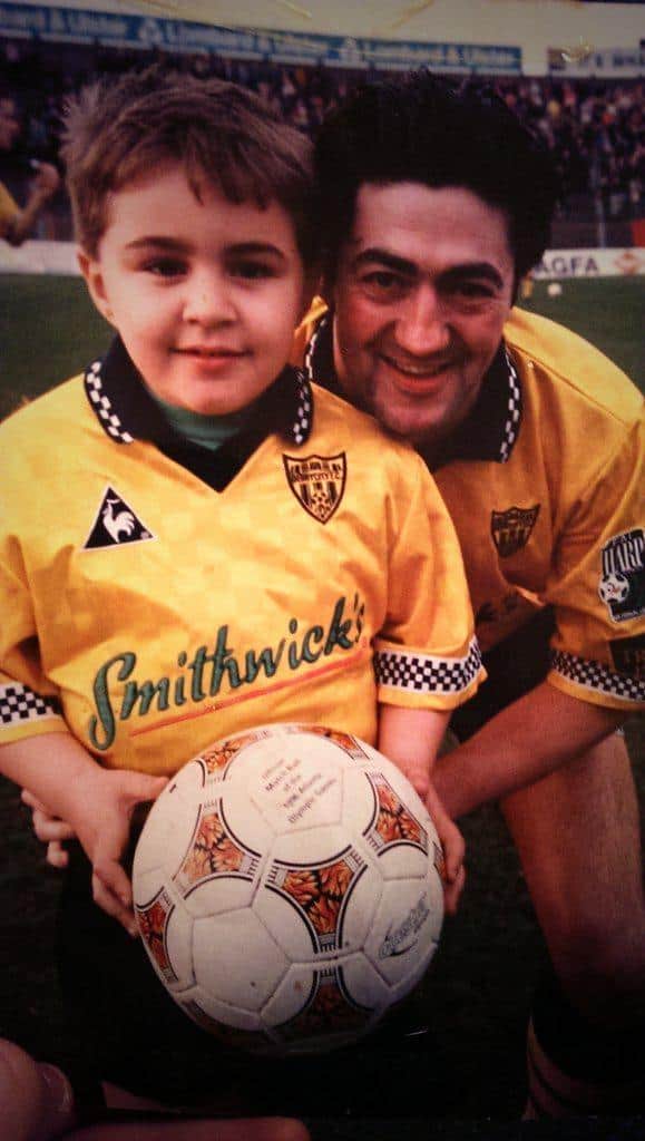 RTE 2FM presenter and Dancing with the Stars finalist Carl Mullan as Derry City mascot with skipper Peter Hutton ahead of the 1997 FAI Cup Final at Dalymount.