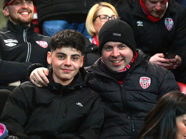 Smiling Derry City fans at the Brandywell for the game against Waterford. Photo: George Sweeney