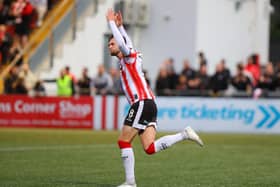 Will Patching celebrates his equalising goal from the penalty spot against Sligo Rovers. Photograph by Kevin Moore.