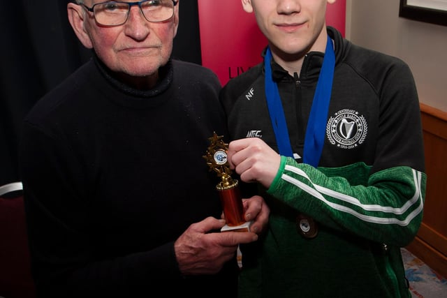 John ‘Jobby’ Crossan presenting the u-16 Player of the Year trophy to Niall Friel, Foyle Harps FC, at the Annual Awards in the City Hotel on Friday night last.