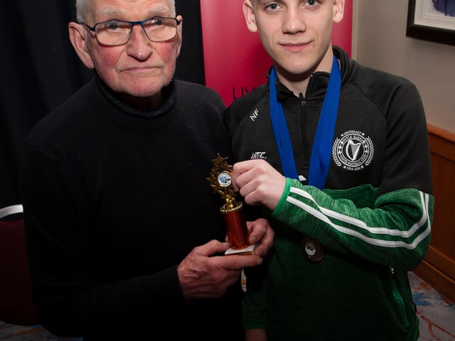 John ‘Jobby’ Crossan presenting the u-16 Player of the Year trophy to Niall Friel, Foyle Harps FC, at the Annual Awards in the City Hotel on Friday night last.