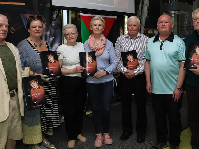 Helen Whitters, mother of 15 years old Paul Whitters, at the launch of a booklet about her beloved son, fatally wounded when an RUC man fired a plastic bullet and struck him in the head on 15th April 1981.  Included are family and relatives. (Photo - Tom Heaney, nwpresspics)