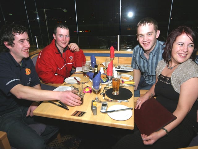 Thomas Mulhern, Gerry Mulhern, John McMurray, Fiona Mulhern 0221JML : Derry and Donegal folk out for a night at the Lifford Races back in February 2006.