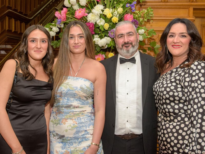 The Mayor Councillor Patricia Logue hosted the annual Mayor’s Ball in the Guildhall in aid of her crossed Charities the Foyle Hospice and Ryan McBride Foundation. Pictured at the event are Councilloe Aisling Hutton’s guests, Clara, Kate and Kristian Picture Martin McKeown. 24.05.24