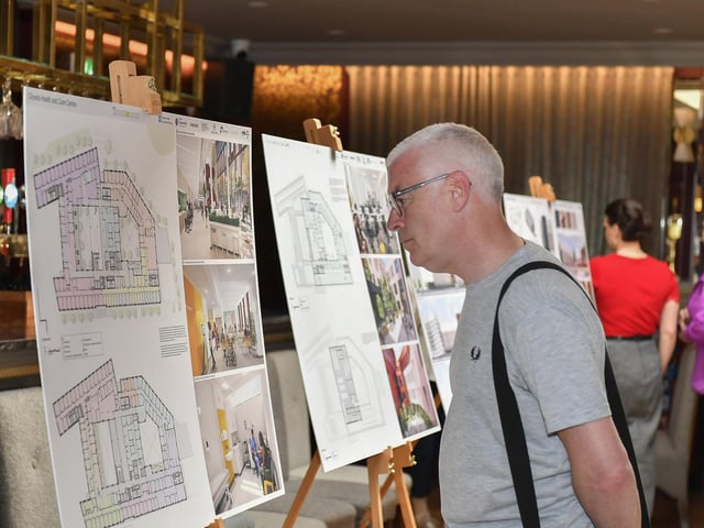 Project designs for the WHSCT’s development proposal for a Cityside Health and Care Centre, at the former Fort George site, displayed at an public Consultation Event held in Da Vinci’s Hotel. Photo: George Sweeney
