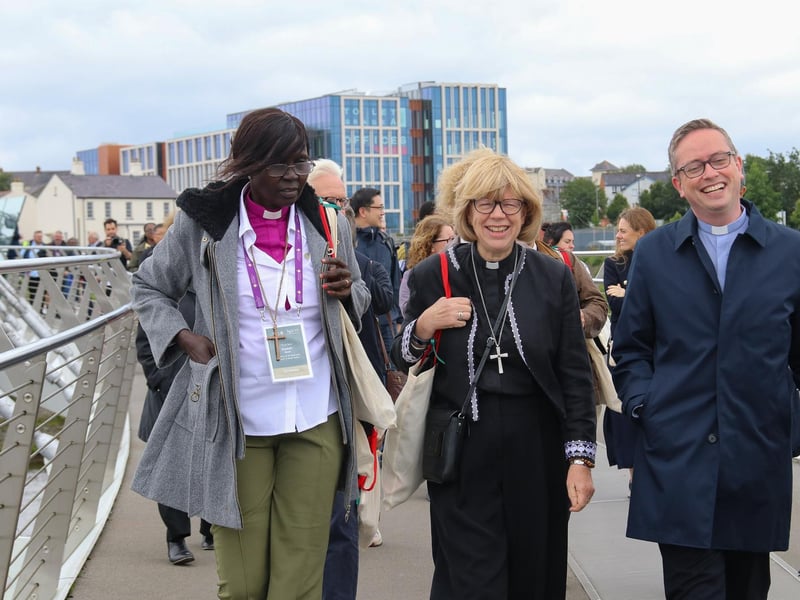 The new Archbishop of Canterbury, the Most Revd and Rt Hon Dame Sarah Mullally DBE, walking across the Peace Bridge during a visit to the city on Wednesday. (Photo - Deirdre Heaney, nwpresspics)