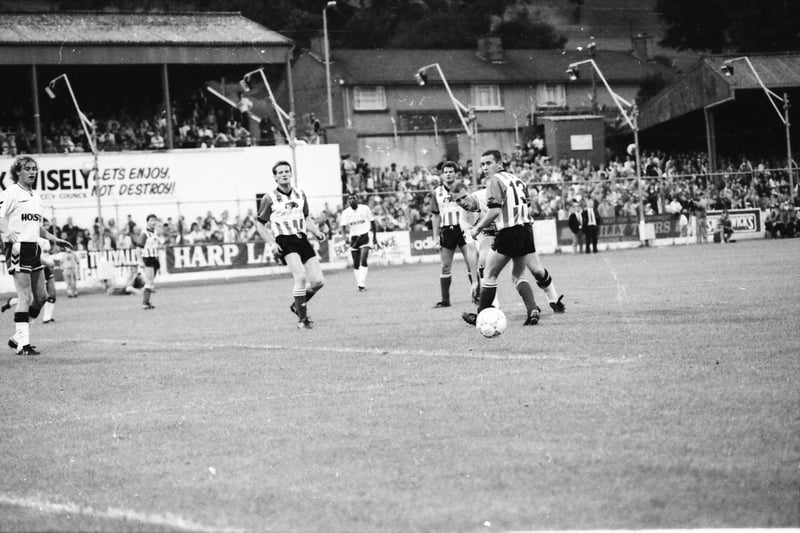 The ball veers wide of the Derry City goal.