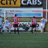 Derry City keeper Brian Maher saves superbly from Shane Farrell's first half penalty. Photograph by George Sweeney.